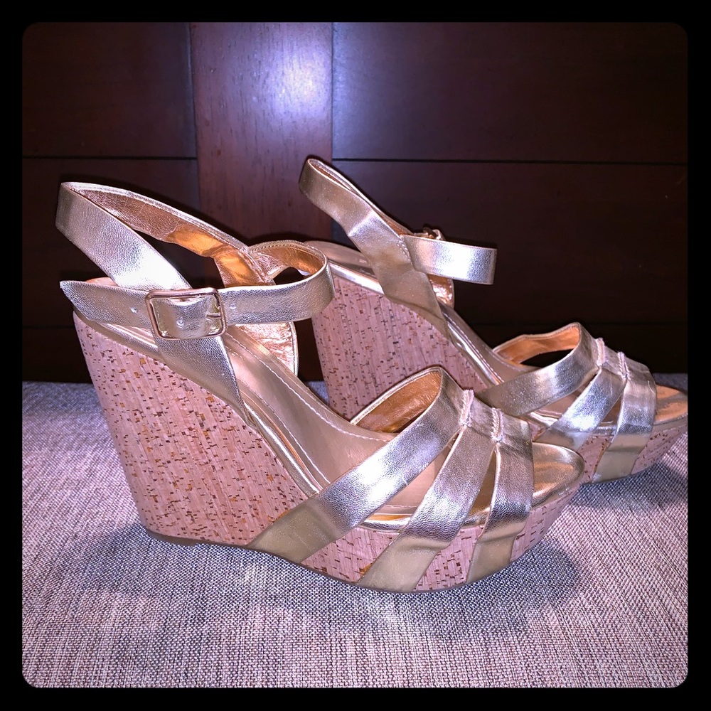 Gold glam BCBG wedge